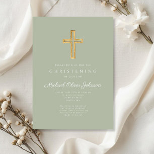 Religious Sage Green Wood Cross Christening Invitation