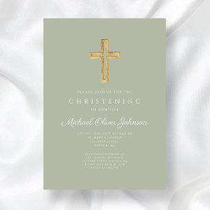 Religious Sage Green Wood Cross Christening Invitation