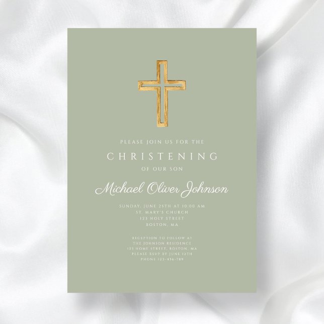 Religious Sage Green Wood Cross Christening Invitation (Religious Sage Green Wood Cross Christening Invitation)
