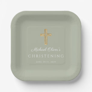 Religious Sage Green Wood Cross Christening Paper Plate