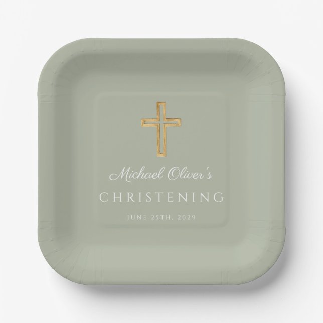 Religious Sage Green Wood Cross Christening Paper Plate (Front)