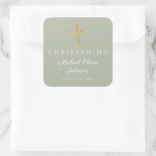 Religious Sage Green Wood Cross Christening  Square Sticker