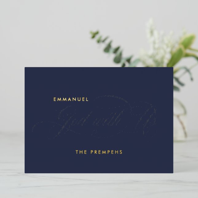 Religious Script Emmanuel God With Us Navy & Gold Foil Holiday Card (Standing Front)