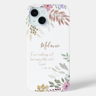 Religious Scripture Pink Watercolor Floral White iPhone 15 Case
