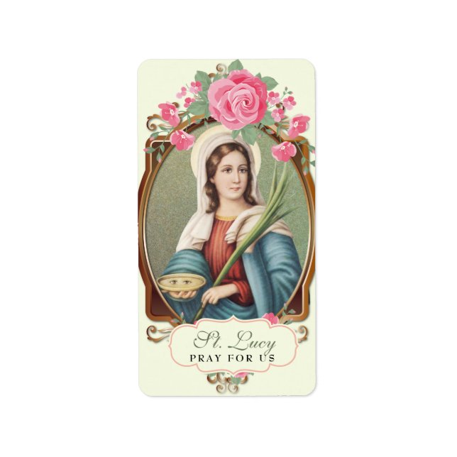 Religious St. Lucy Lucia Vintage Pink Roses  Label (Front)