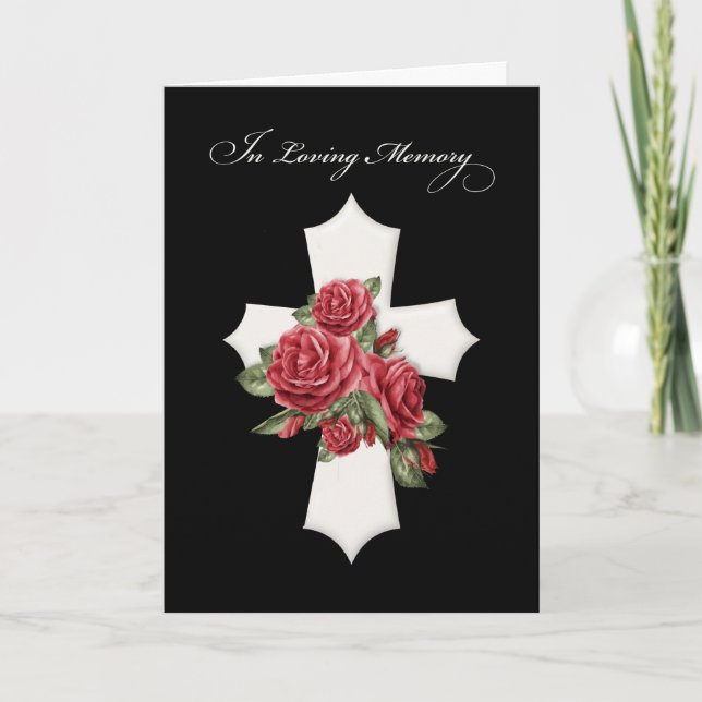 Religious Sympathy Cross with Red Roses on Black Card (Front)