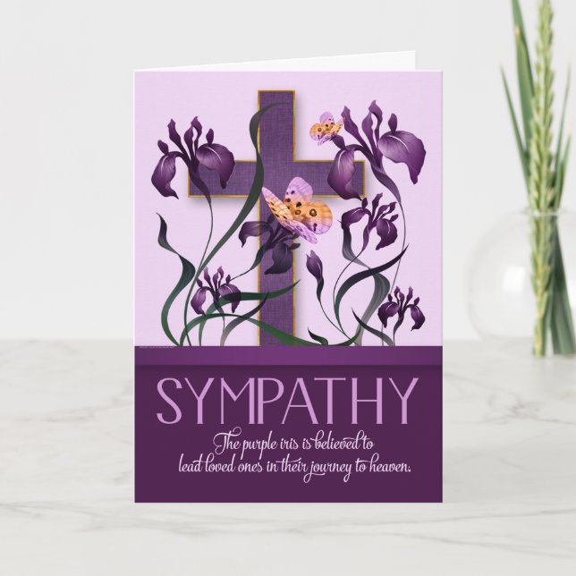 Religious Sympathy Purple Iris Garden with Cross Card (Front)