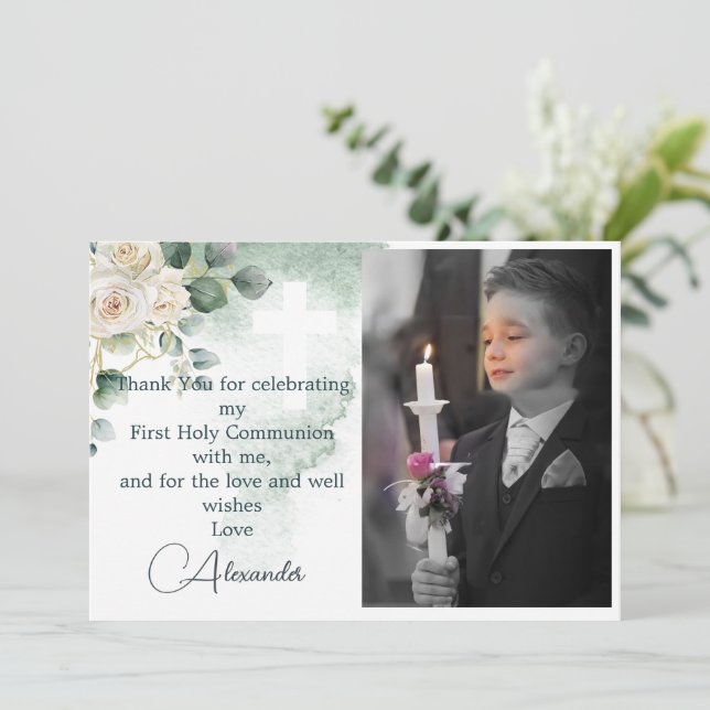 Religious Thank You Photo Gold Roses Green Invitation (Standing Front)