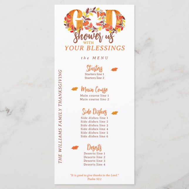 Religious Thanksgiving Dinner Faith Bible Quote Menu (Front)