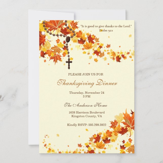 Religious Thanksgiving Dinner Rosary Leaves Invitation (Front)