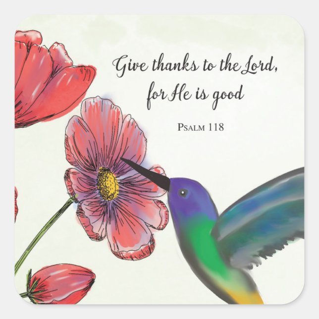 Religious Thinking of You Flowers with Hummingbird Square Sticker (Front)