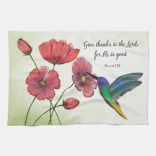 Religious Thinking of You Flowers with Hummingbird Tea Towel