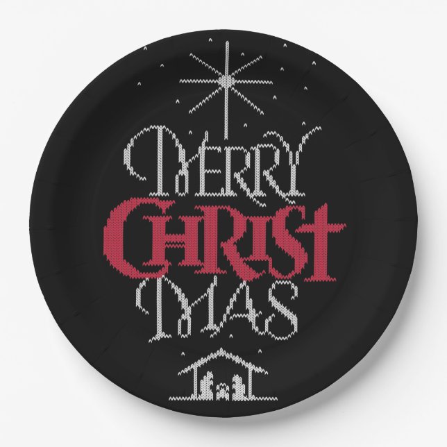 Religious Ugly Merry Christmas Sweater nativity Paper Plate (Front)