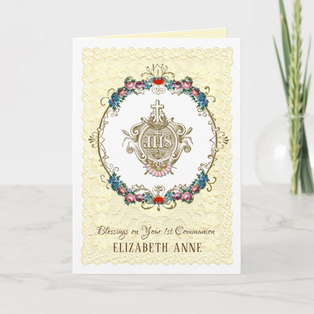 Religious Vintage First Holy Communion Catholic  Holiday Card (Front)