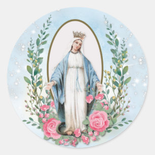 Religious Vintage Virgin Mary Catholic Floral  Classic Round Sticker