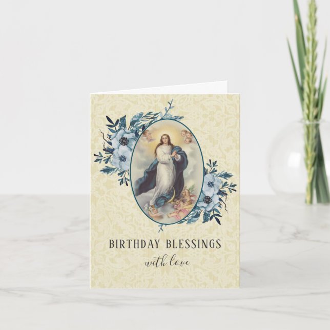 Religious Vintage Virgin Mary Floral Rosary Card (Front)
