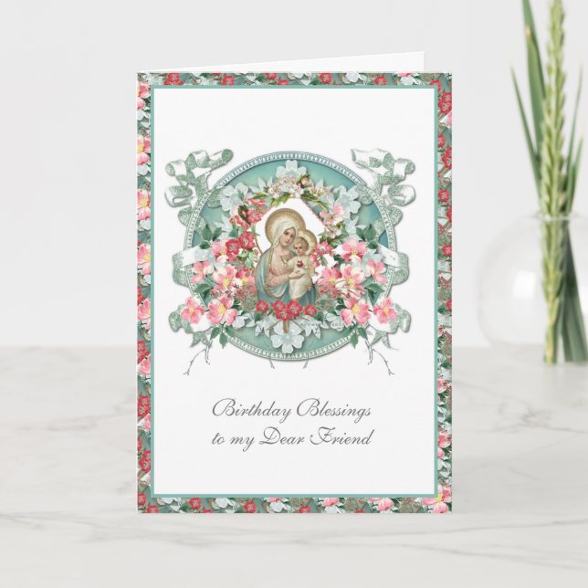 Religious Vintage Virgin Mary Jesus Floral Card (Front)