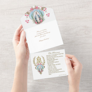 Religious Virgin Mary Blue Floral Birthday Vintage All In One Invitation