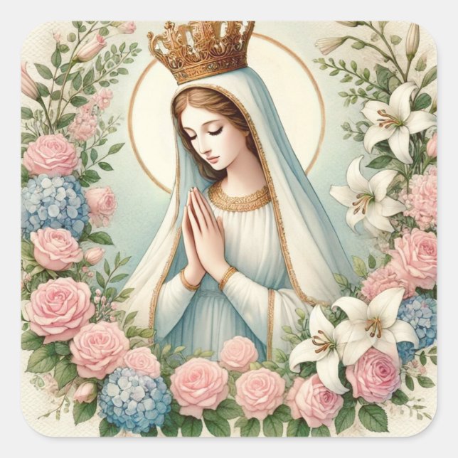 Religious Virgin Mary Fatima Pink Roses Square Sticker (Front)