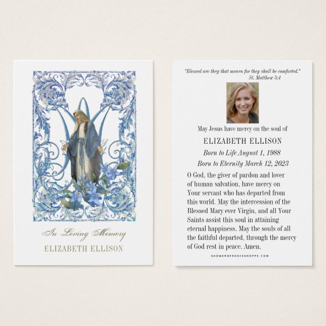Religious Virgin Mary Floral  Funeral Prayer Card (Front & Back)