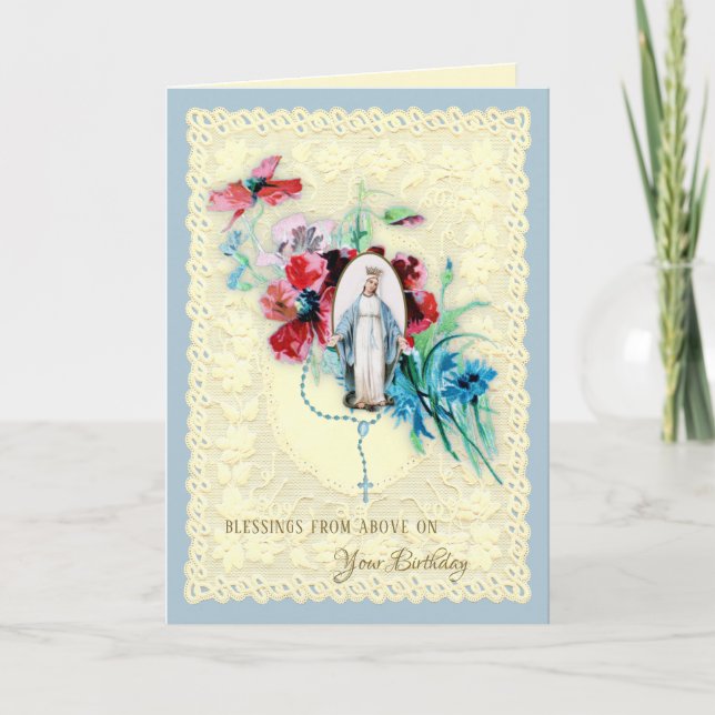 Religious Virgin Mary Flowers Catholic Birthday Holiday Card (Front)