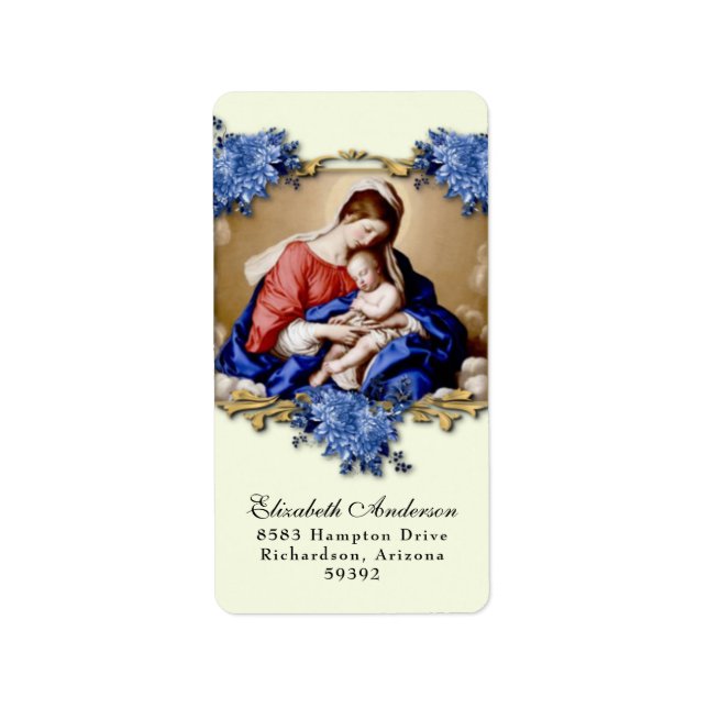 Religious Virgin Mary Jesus Blue Flowers Label (Front)