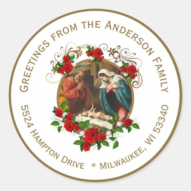 Religious Virgin Mary Jesus Christmas Nativity Classic Round Sticker (Front)