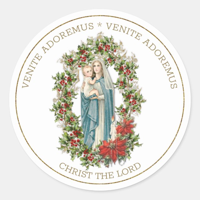 Religious Virgin Mary Jesus Christmas Poinsettias  Classic Round Sticker (Front)