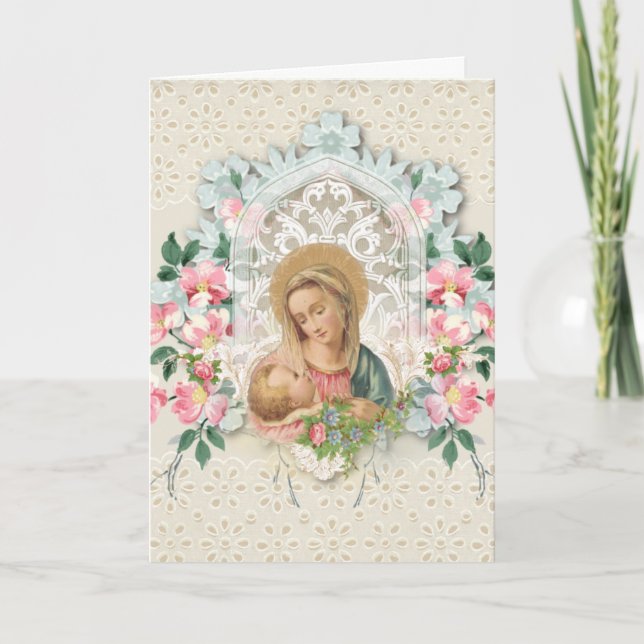 Religious Virgin Mary Jesus Floral Scripture Verse Card (Front)