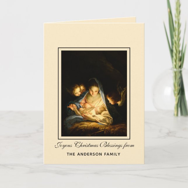 Religious Virgin Mary Jesus in Manger Angels Holiday Card (Front)