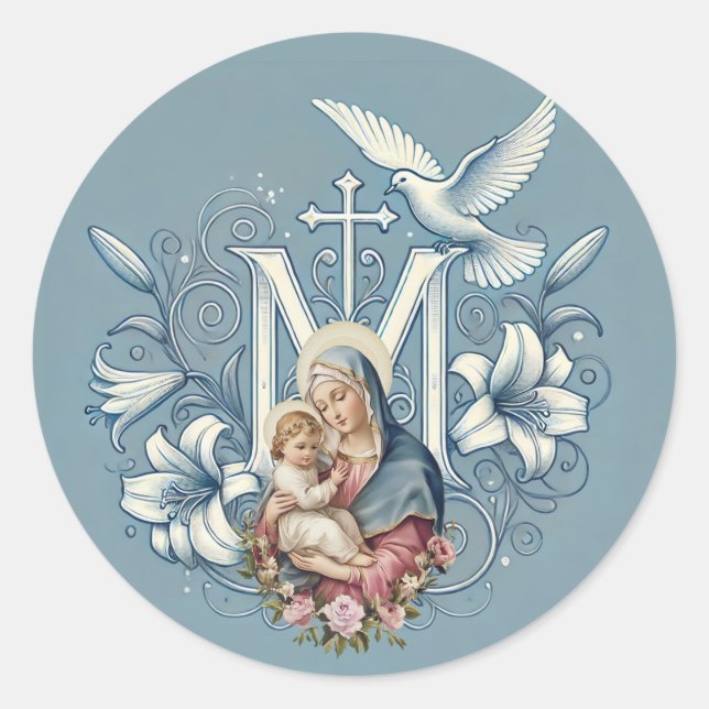 Religious Virgin Mary Jesus Marian Cross Classic Round Sticker (Front)