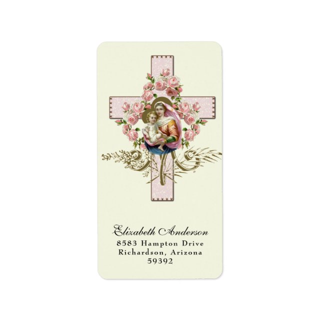 Religious Virgin Mary Jesus pink roses cross Label (Front)