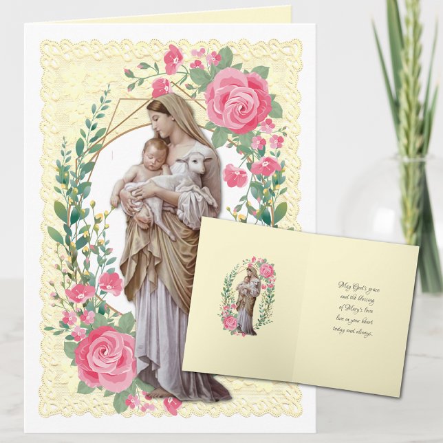 Religious Virgin Mary Jesus Pink Roses  Holiday Card (Creator Uploaded)