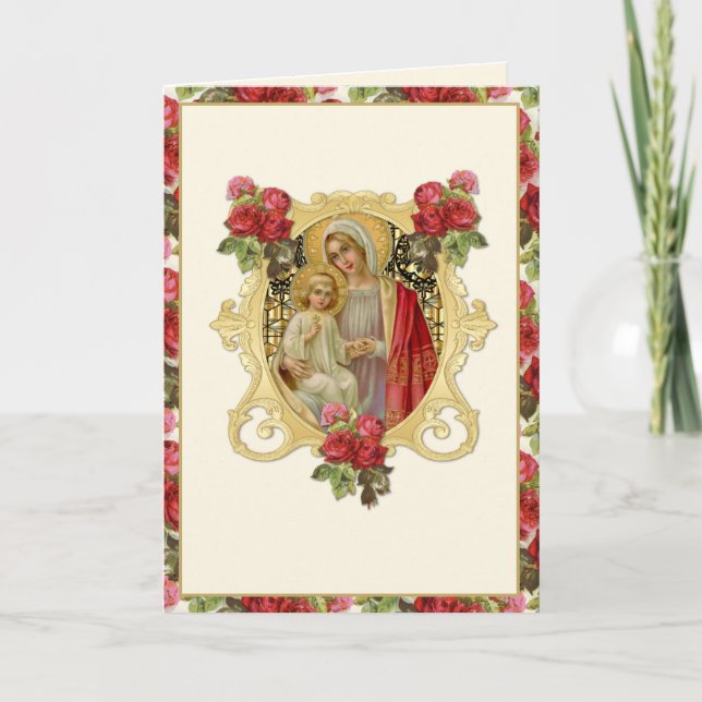 Religious Virgin Mary  Jesus Red Floral Catholic Card (Front)