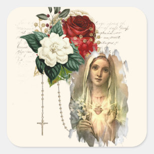 Religious Virgin Mary Roses Elegant Vintage  Heart Square Sticker