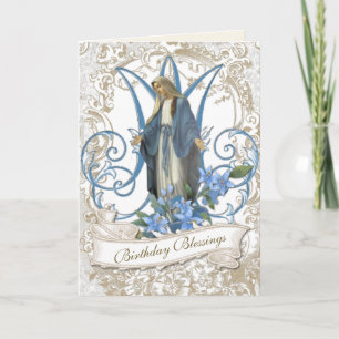 Religious Virgin Mary Vintage Blue Flowers Card