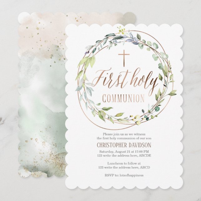 Religious, Watercolor, Cross, First holy communion Invitation (Front/Back)