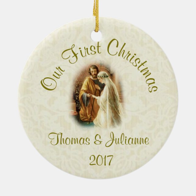 Religious Wedding First Christmas Catholic Ceramic Tree Decoration (Back)