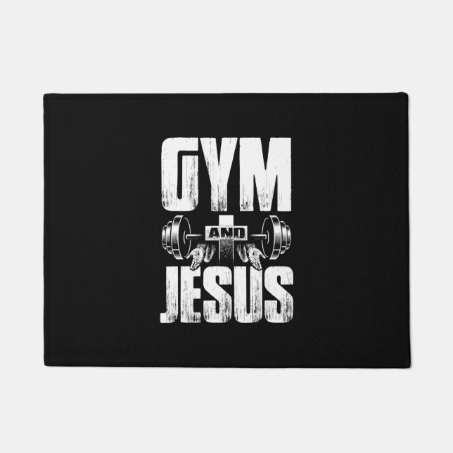 Religious Workout Gym & Jesus Lifting Weights Cros Doormat (Front)