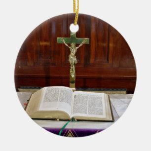 Religous Altar with Bible, Cross and Candles Ceramic Tree Decoration