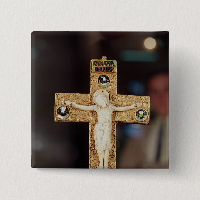Reliquary crucifix, ivory Christ on gold cross 15 Cm Square Badge (Front)