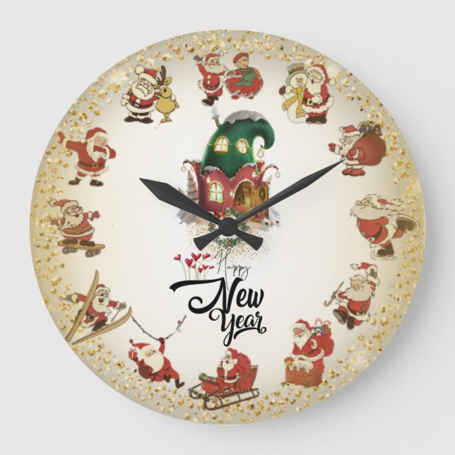 Reloj de pared con papá Noel y feliz año nuevo Large Clock (Front)