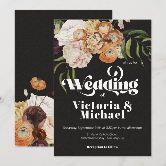 Rembrandt Autumn Fall Floral Dark & Moody Wedding Invitation (Front/Back)