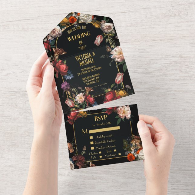Rembrandt Dark & Moody Floral Wedding All In One Invitation (Tearaway)