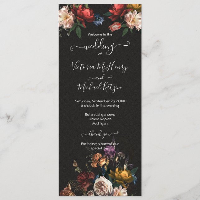 Rembrandt Floral Dark & Moody Wedding program Menu (Front)