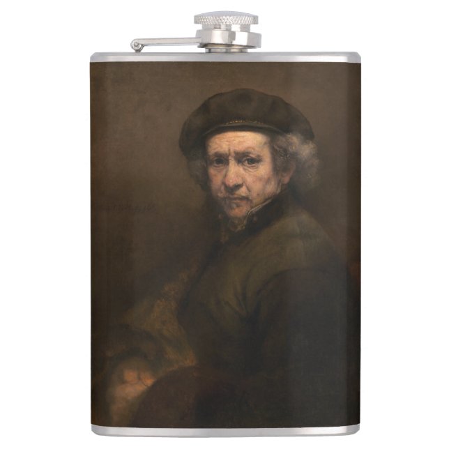Rembrandt Self Portrait: Dutch Golden Age Painter Hip Flask (Front)