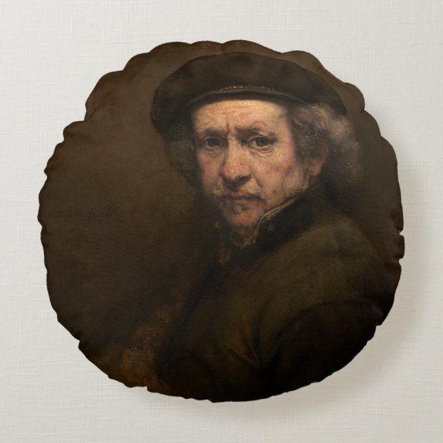 Rembrandt Self Portrait: Dutch Golden Age Painter Round Cushion (Front)