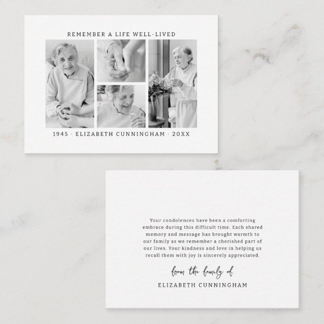 Remember A Life Modern Simple 4 Photo Collage Business Card (Front/Back)