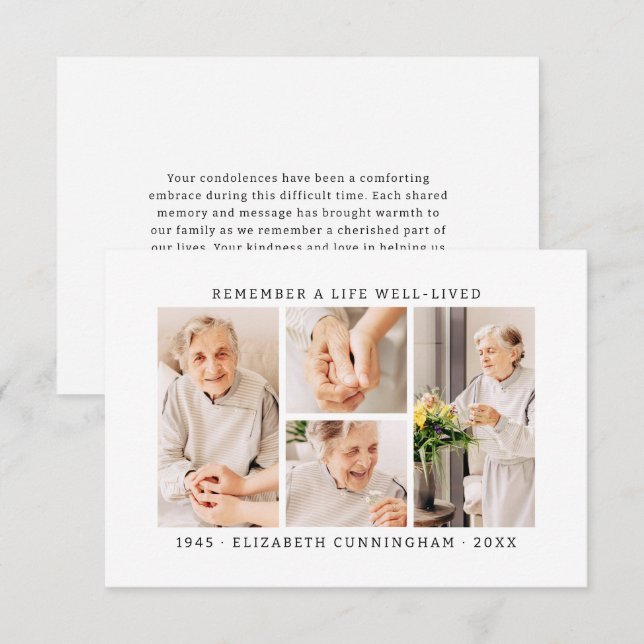 Remember A Life Modern Simple 4 Photo Collage Thank You Card (Front/Back)
