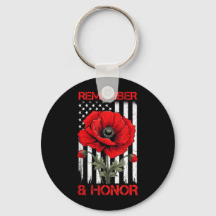 Remember and Honour Red Poppy Flower Flag USA Key Ring
